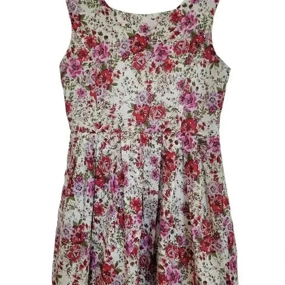 Forever 21 Women's White, Red & Pink Cotton Floral Sleeveless A-Line Lined Dress - Picture 8 of 11